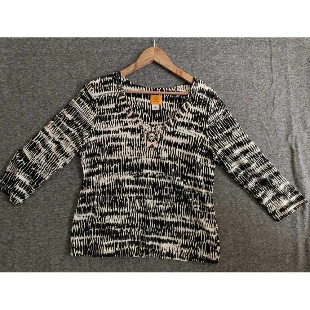 Ruby Red Women’s Black & White Blouse w/ Bone Detail | Statement Top | Size L